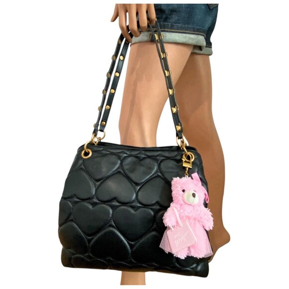 Betsey Johnson Black Heart Quilted Satchel Handbag Purse With Pink Bear Charm - Picture 7 of 12